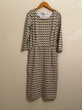 Boden Bird Print Dress Size 10 Long Navy Yellow Cotton Midi 3/4 Sleeve